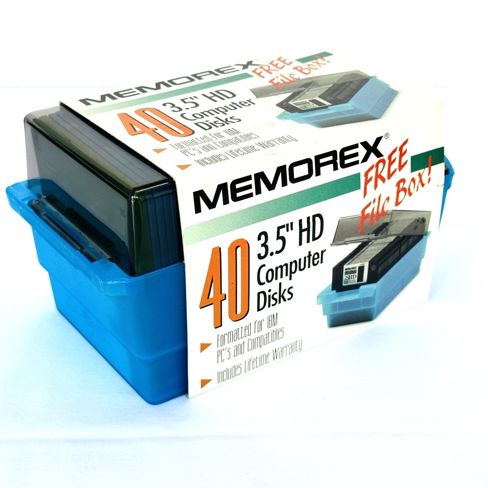 Vtg. Memorex 3.5" HD Computer Disks 1.44MB File Box with 40 Colored Disks NOS
